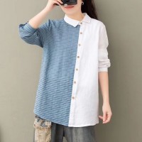 Cotton And Linen Shirt Horizontal Stripes Splicing Straight Long Sleeve Spring Autumn Blouse High Street 2020 Women FZ2330